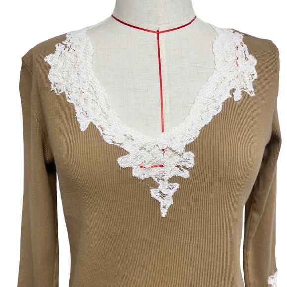 Cha Cha Vente Womens Size M Brown Ribbed Lace Trim Long Sleeve Top - Picture 4 of 6